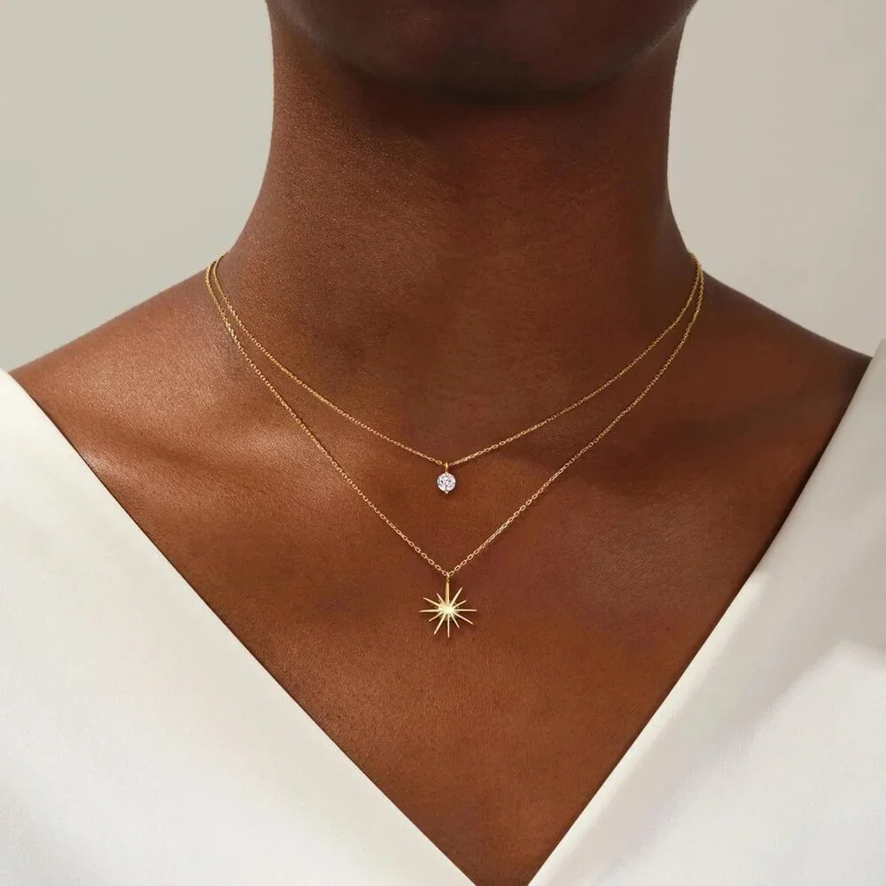 Women's 18 Sun Star CZ 14K Gold Silver Cross Necklace - Non Tarnish Jewelry - Picture 2 of 8